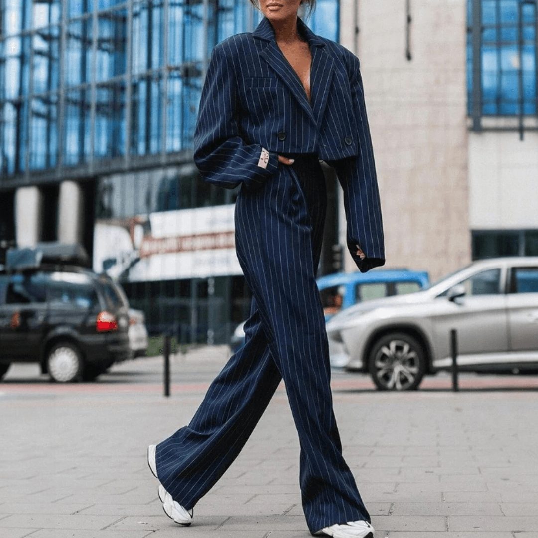 Fawn | Pinstripe Wide Leg Blazer Set for Women