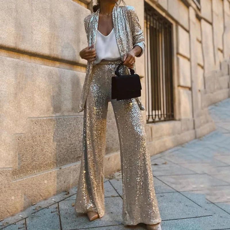 Faye | Sequin Cardigan Wide-Leg Two-Piece Set for Women