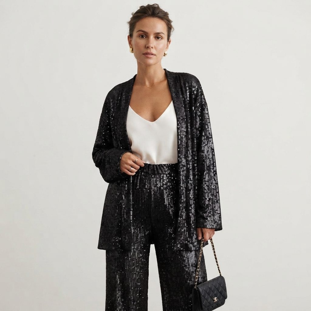 Faye | Sequin Cardigan Wide-Leg Two-Piece Set for Women