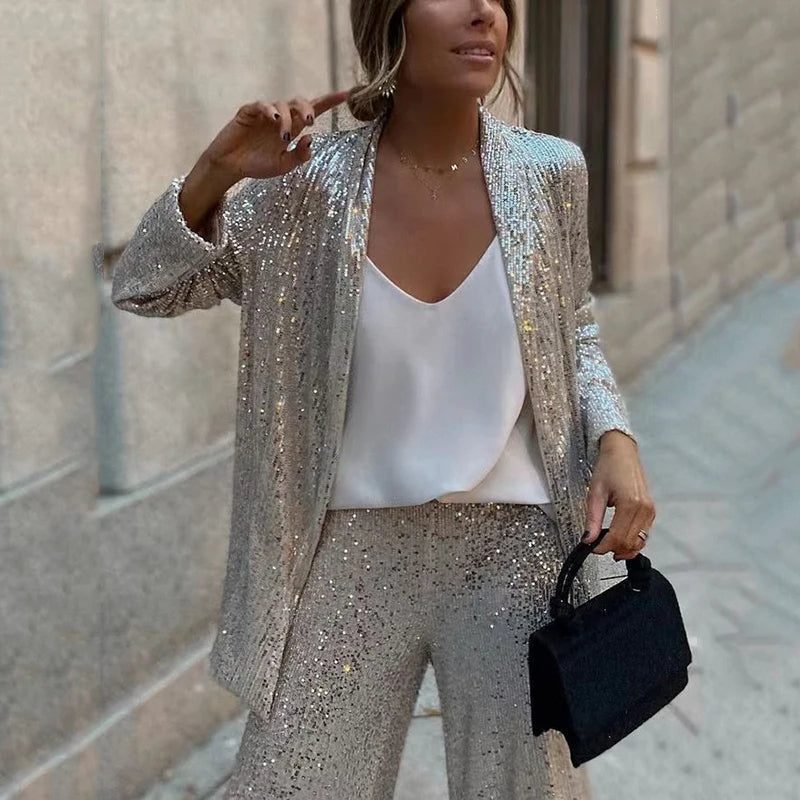 Faye | Sequin Cardigan Wide-Leg Two-Piece Set for Women