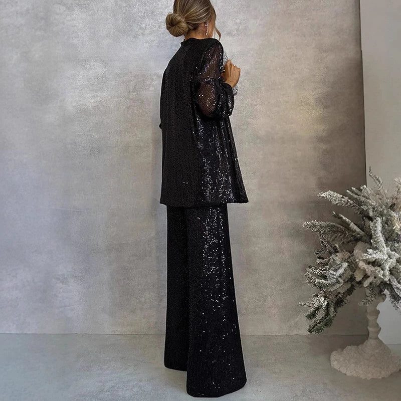 Faye | Sequin Cardigan Wide-Leg Two-Piece Set for Women