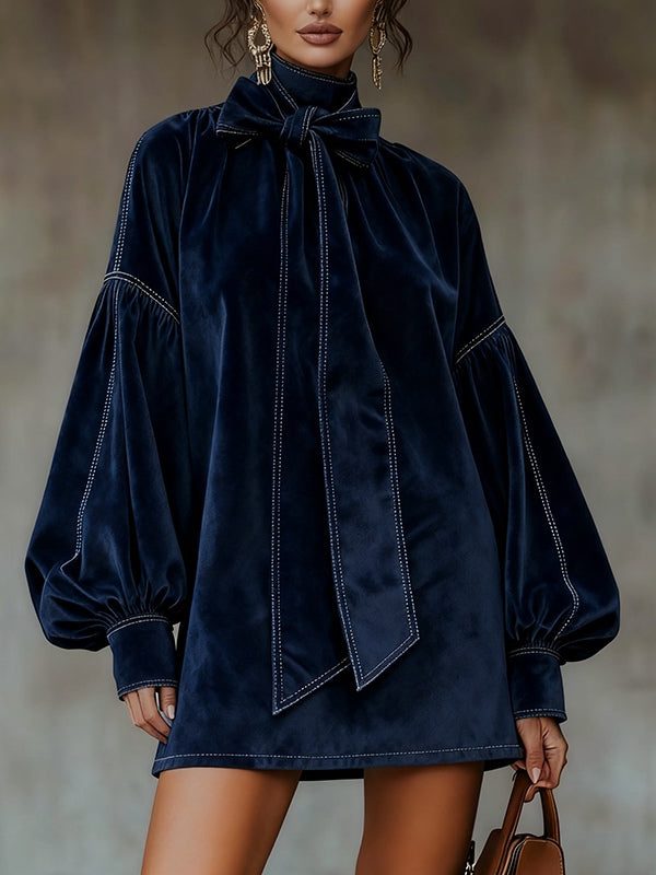 Faye | Velvet Mini Dress with Lantern Sleeves and Bow Detail for Women