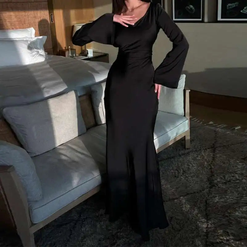 Women's Long Sleeve Maxi Dress in Satin | Flared Cuffs, Round Neckline, Floor Length | Sizes XS to 2XL, 4 Colors
