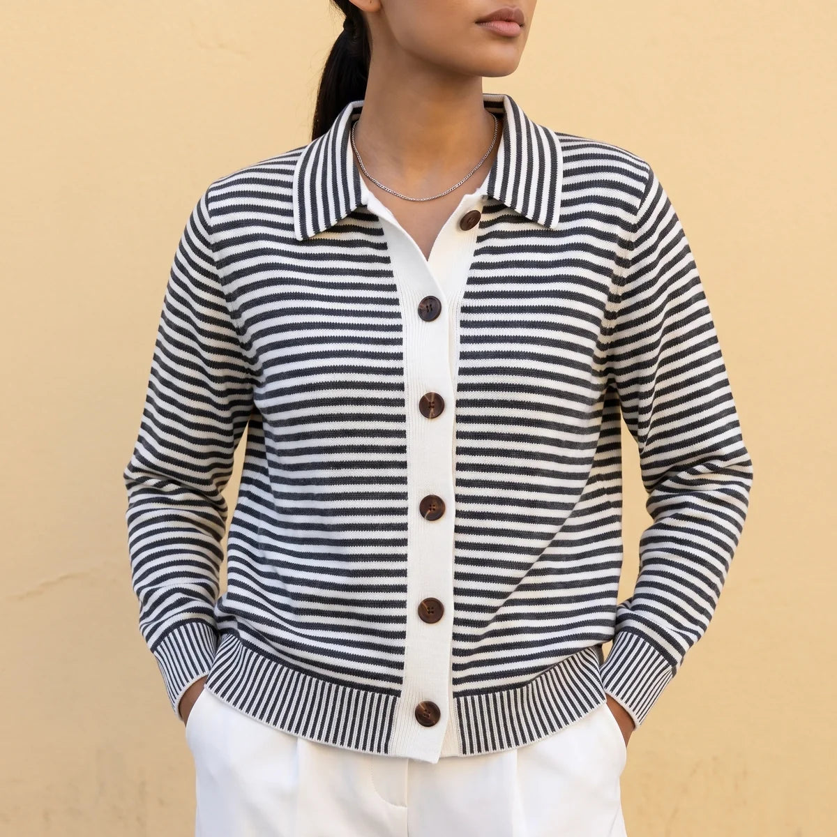 Felicia Striped Lapel Collar Knit Cardigan