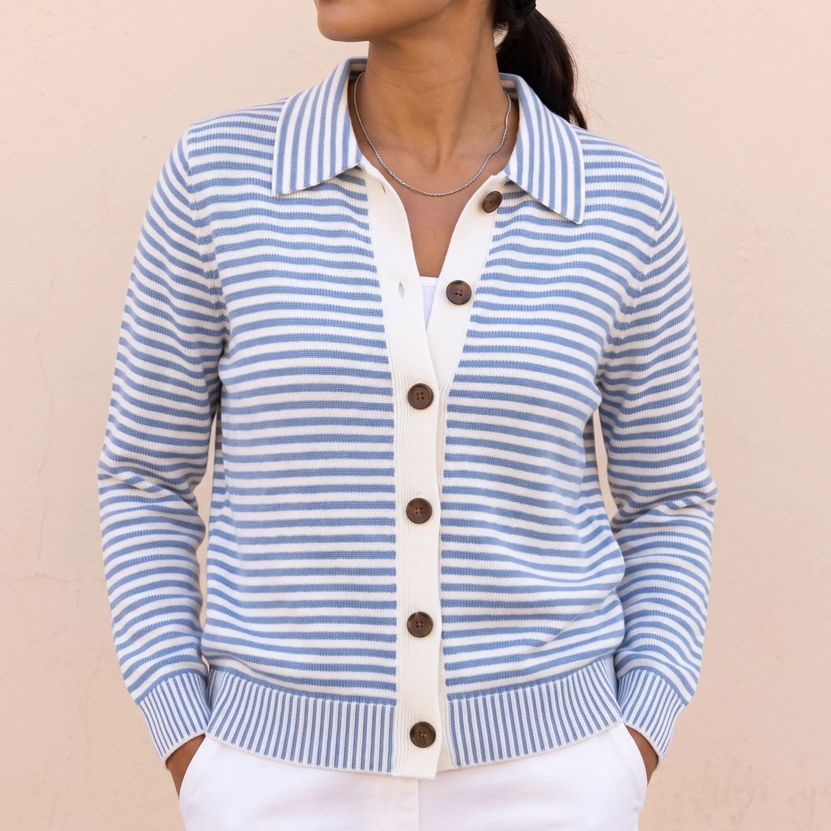 Felicia Striped Lapel Collar Knit Cardigan