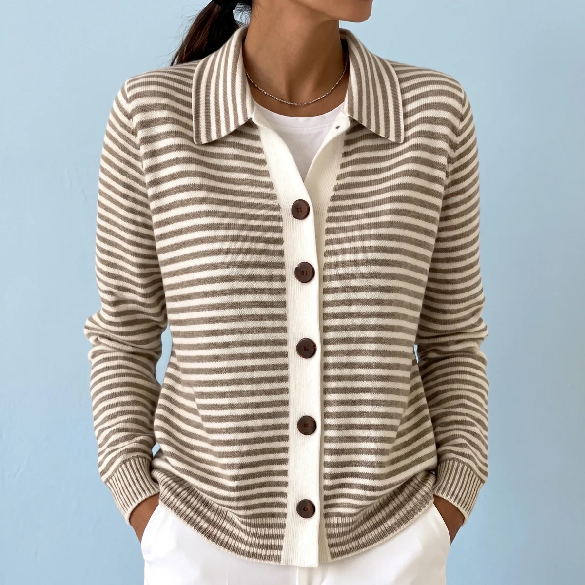 Felicia Striped Lapel Collar Knit Cardigan