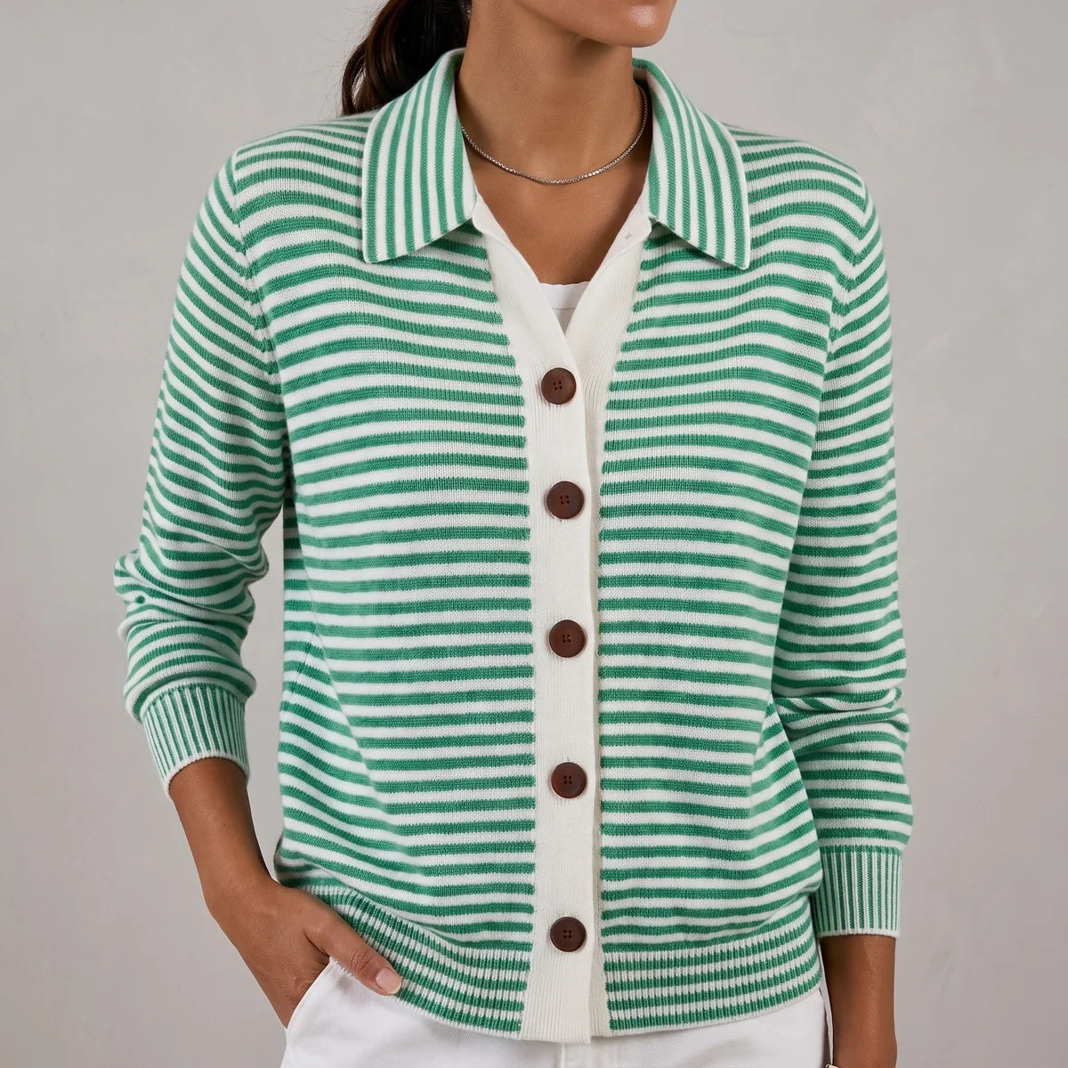 Felicia Striped Lapel Collar Knit Cardigan