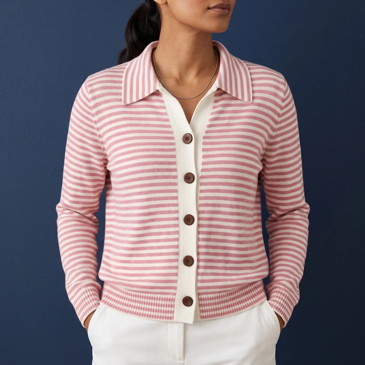 Felicia Striped Lapel Collar Knit Cardigan