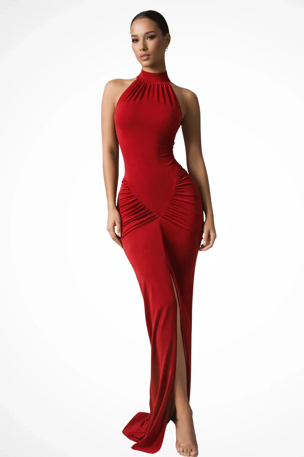 Felicity | Halter Neck Bodycon Ruched Maxi Dress with Slit