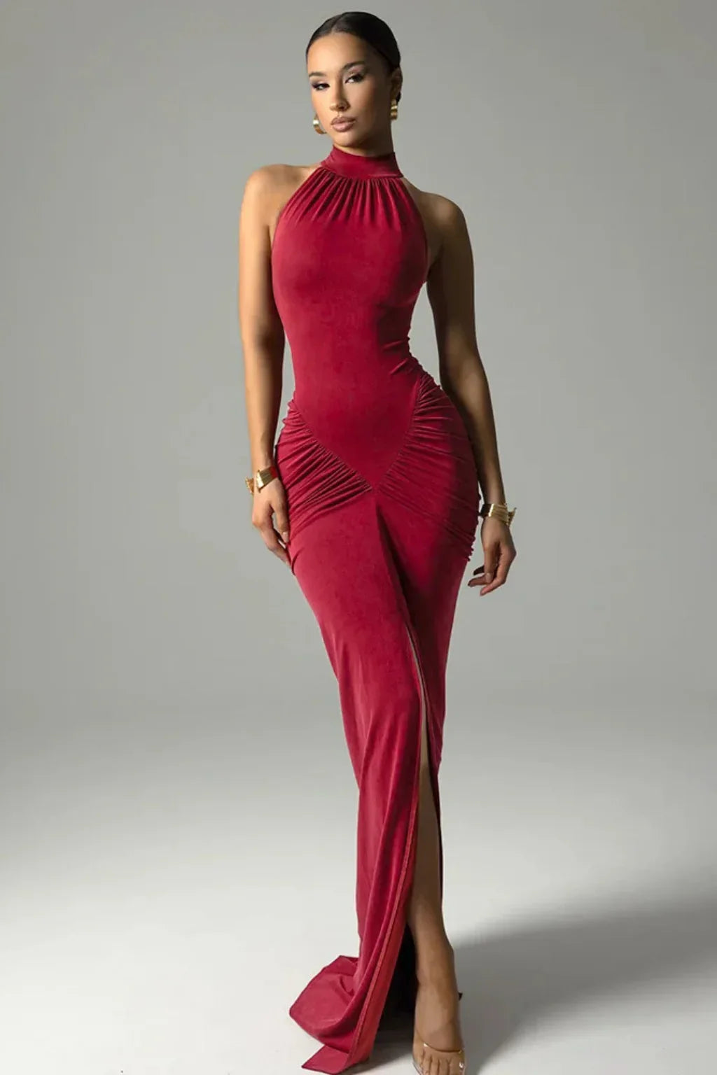 Felicity | Halter Neck Bodycon Ruched Maxi Dress with Slit