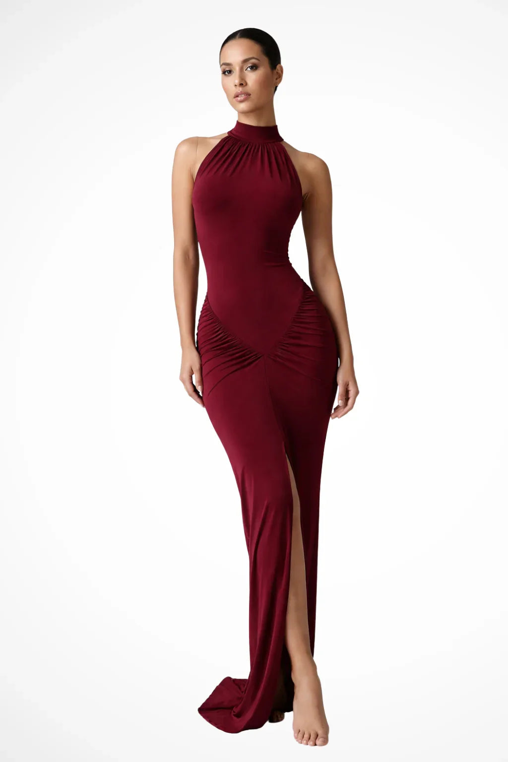 Felicity | Halter Neck Bodycon Ruched Maxi Dress with Slit