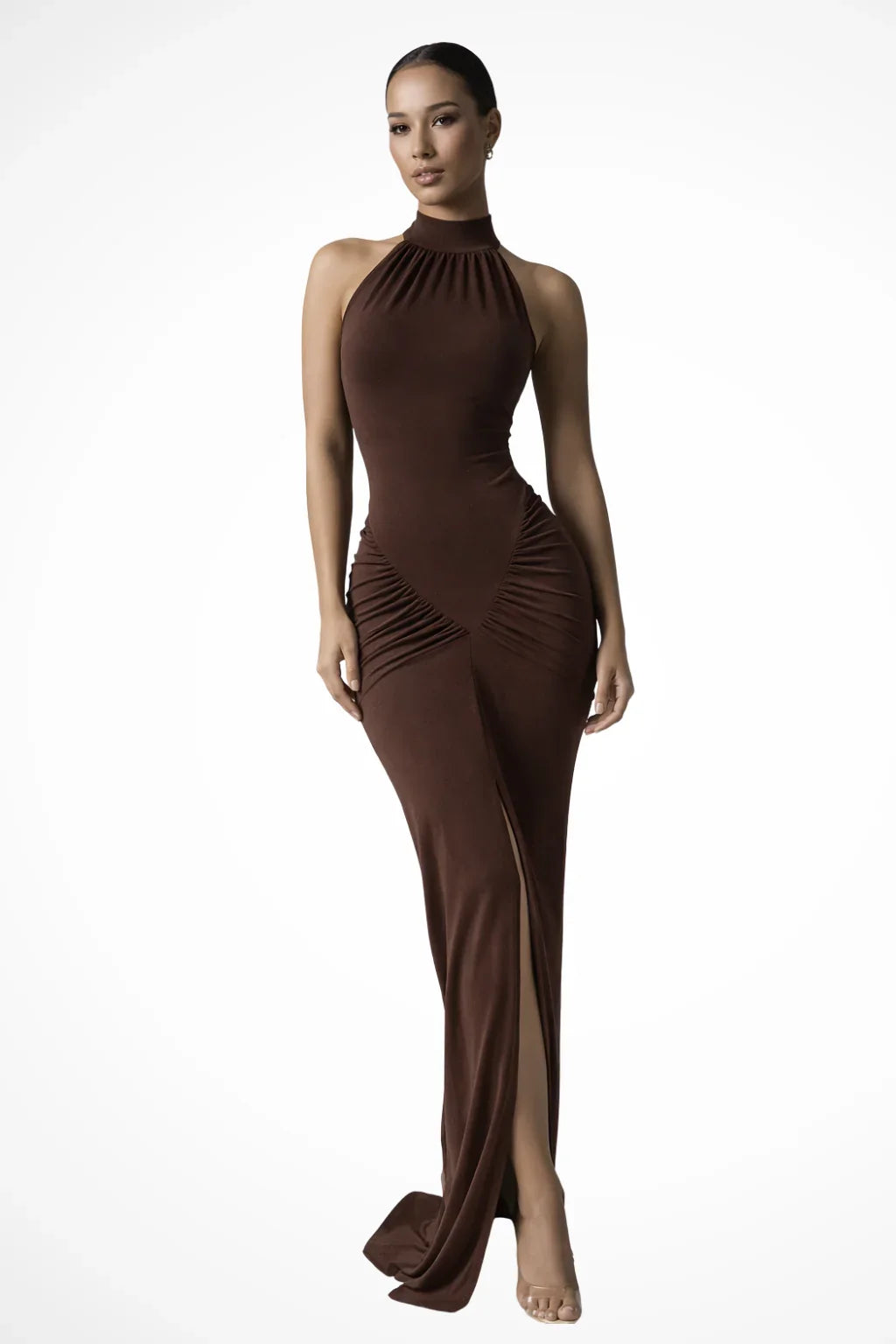Felicity | Halter Neck Bodycon Ruched Maxi Dress with Slit