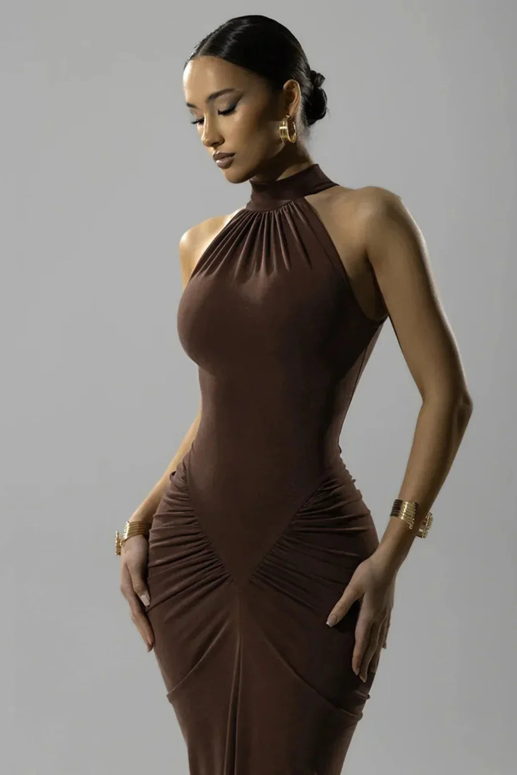 Felicity | Halter Neck Bodycon Ruched Maxi Dress with Slit