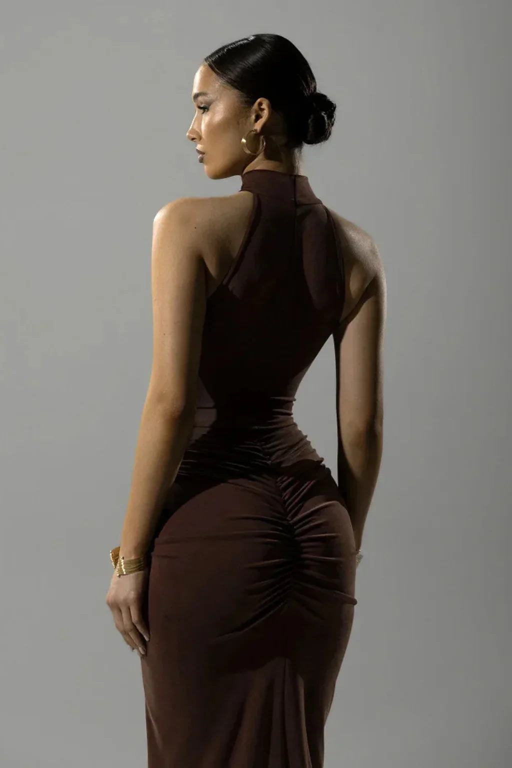 Felicity | Halter Neck Bodycon Ruched Maxi Dress with Slit