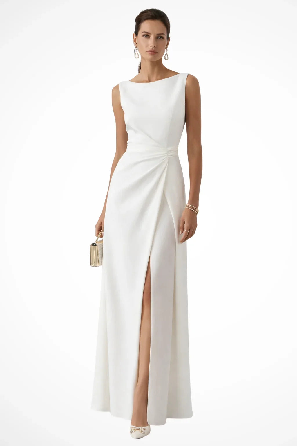 Felicity | White Formal Wedding Guest Maxi Dress with Draped Waist