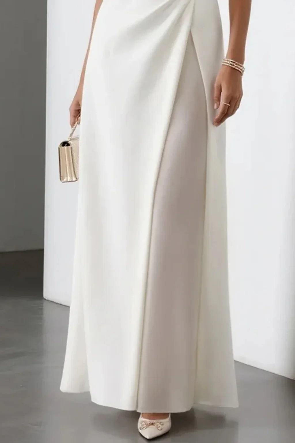 Felicity | White Formal Wedding Guest Maxi Dress with Draped Waist
