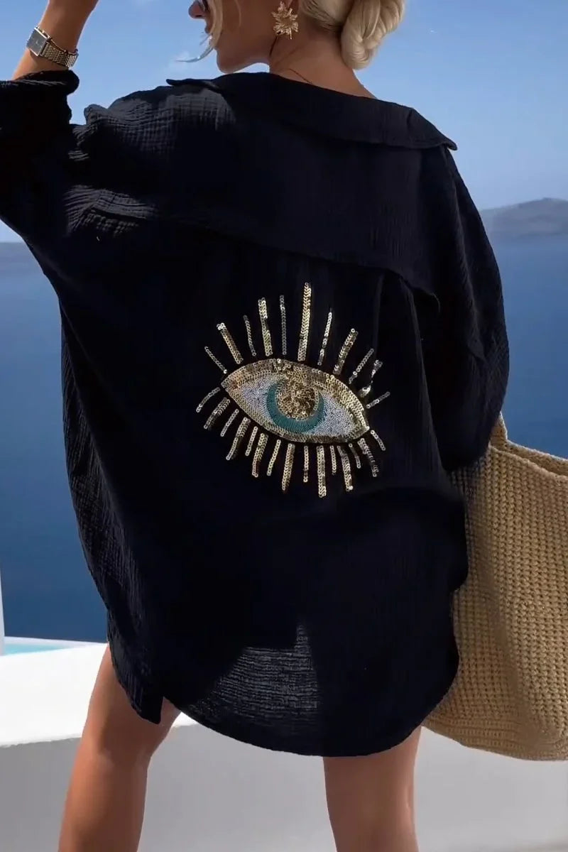 Felicity | Women's Embellished Eye Button Up Shirt with Collar