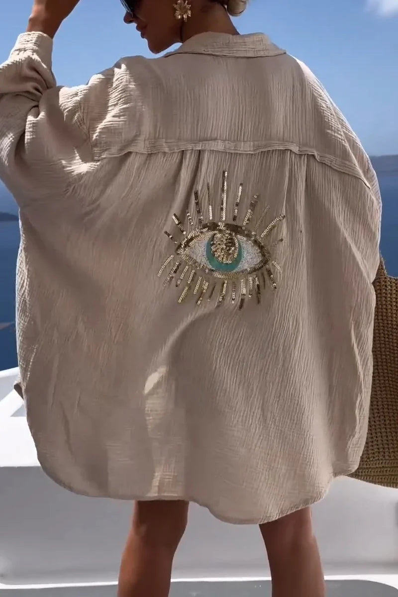 Felicity | Women's Embellished Eye Button Up Shirt with Collar