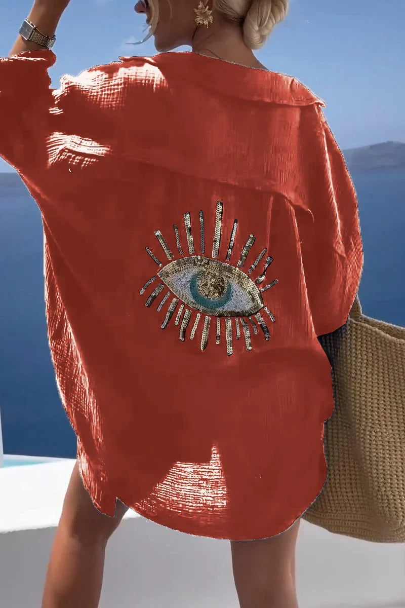 Felicity | Women's Embellished Eye Button Up Shirt with Collar