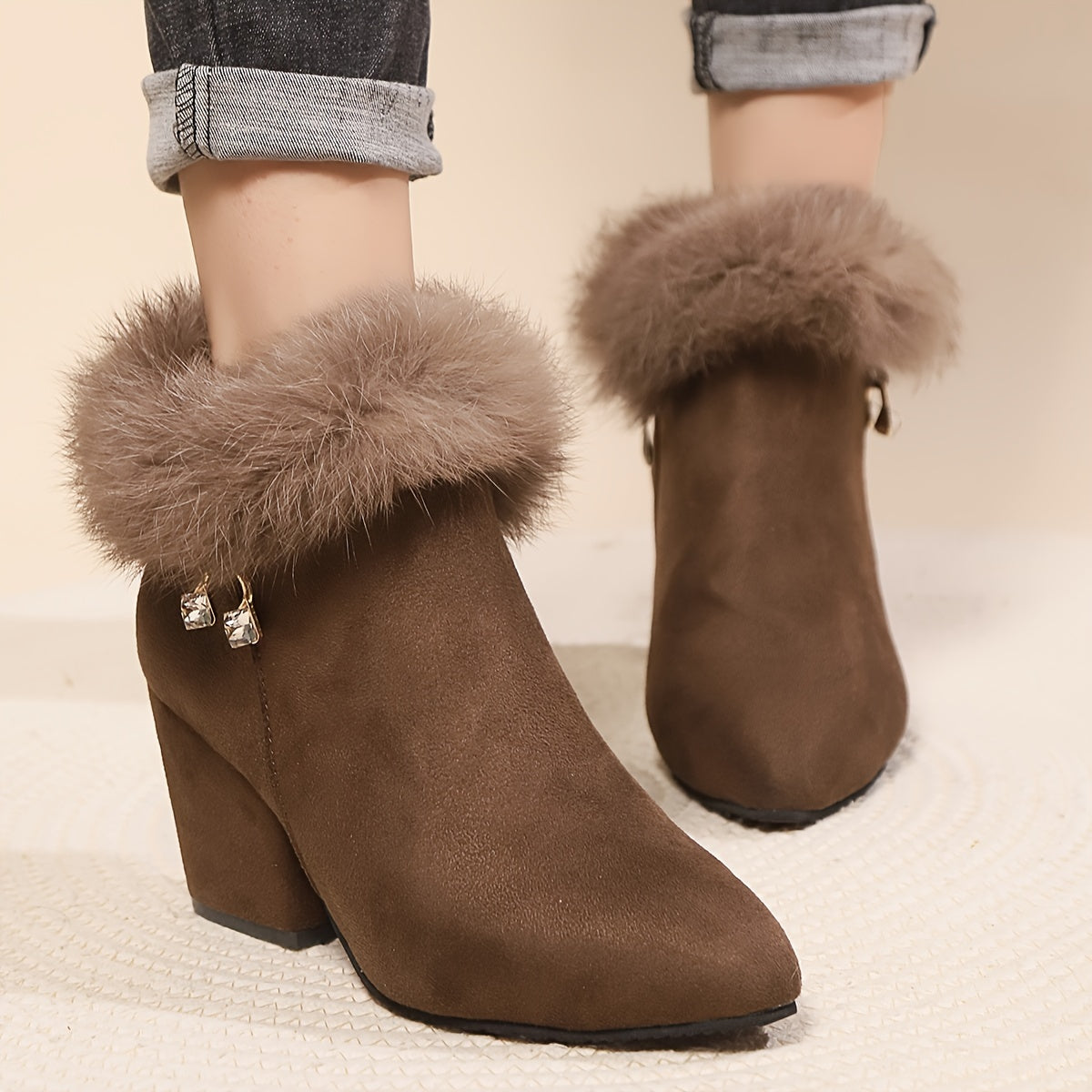 Women's Faux Fur Trim Ankle Boots with Block Heel