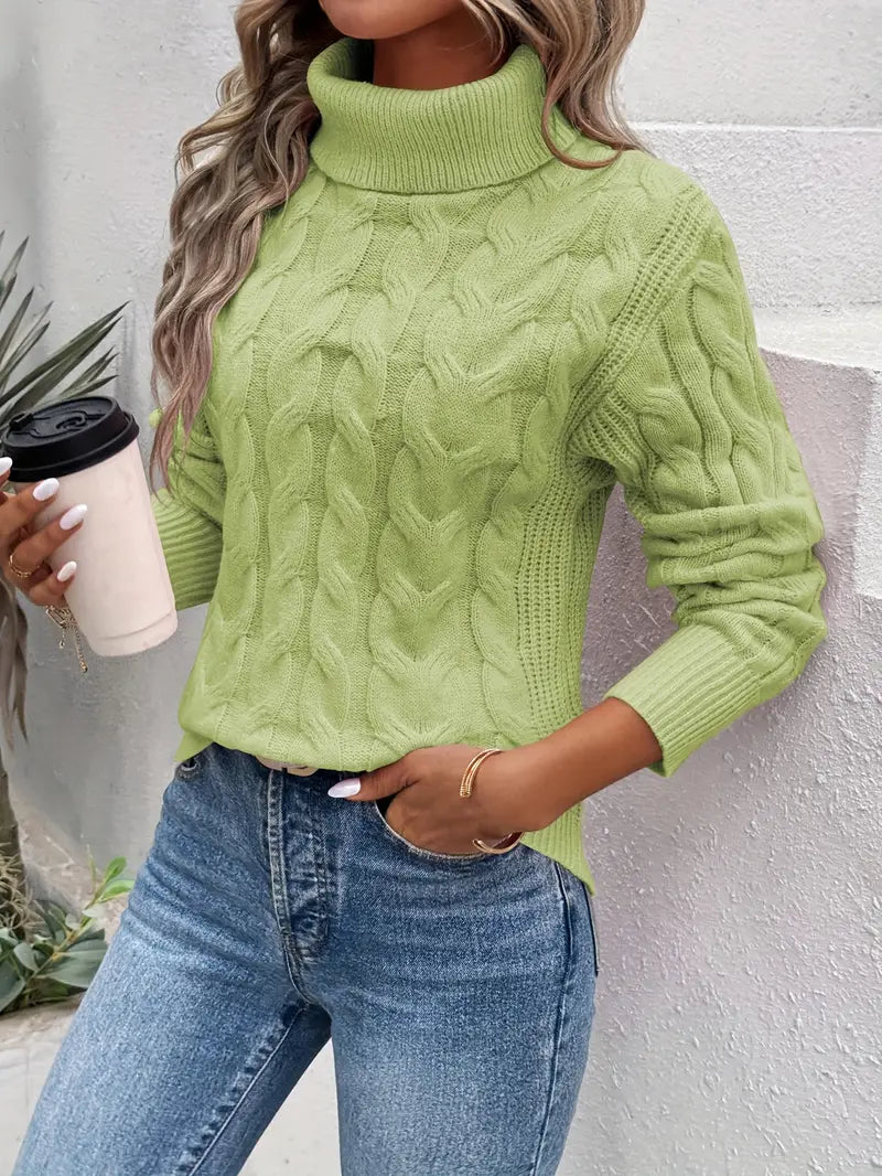 Women's Turtleneck Sweater with Cable Knit | Size S-2XL | Purple, Pink, Black, White, Grey, Beige and 2 more