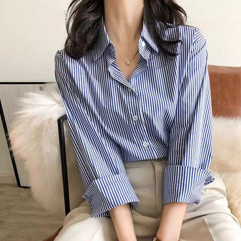 Florence | Women's Striped Button Up Shirt Blouse with Collar