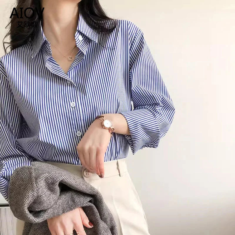 Florence | Women's Striped Button Up Shirt Blouse with Collar