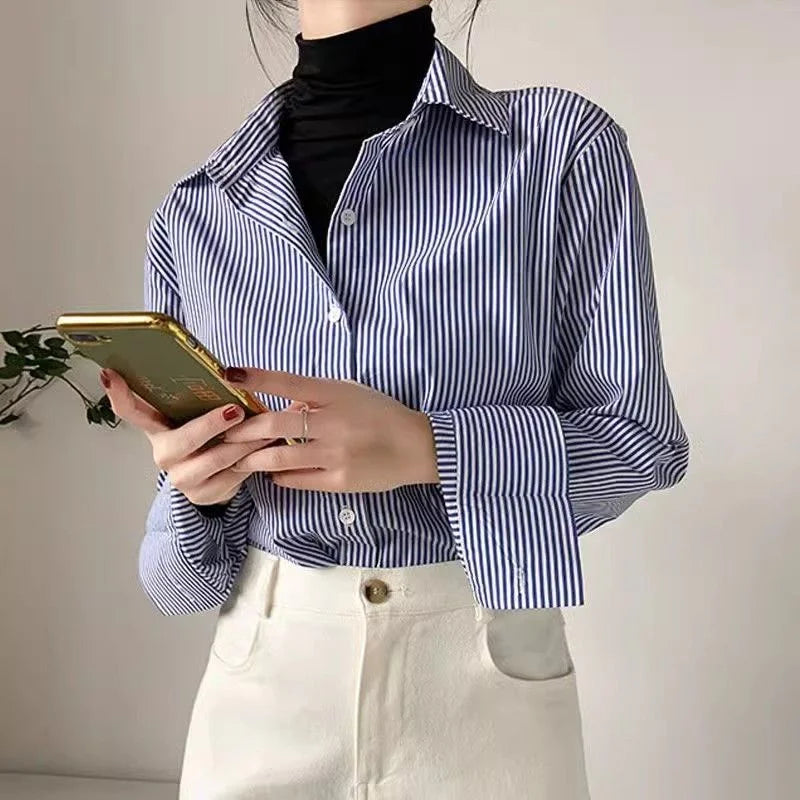 Florence | Women's Striped Button Up Shirt Blouse with Collar