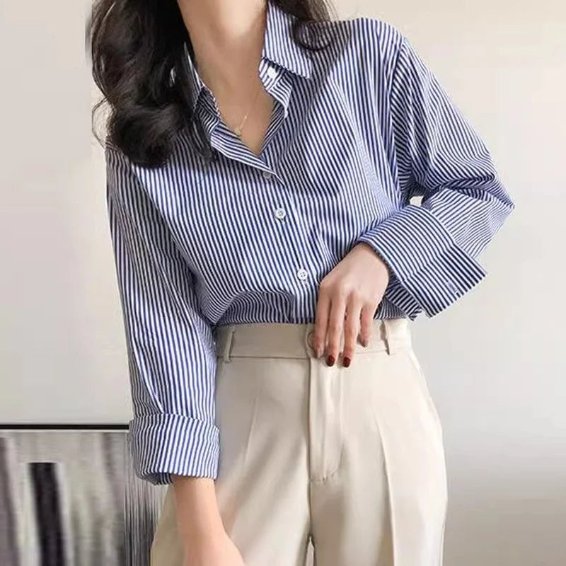 Florence | Women's Striped Button Up Shirt Blouse with Collar
