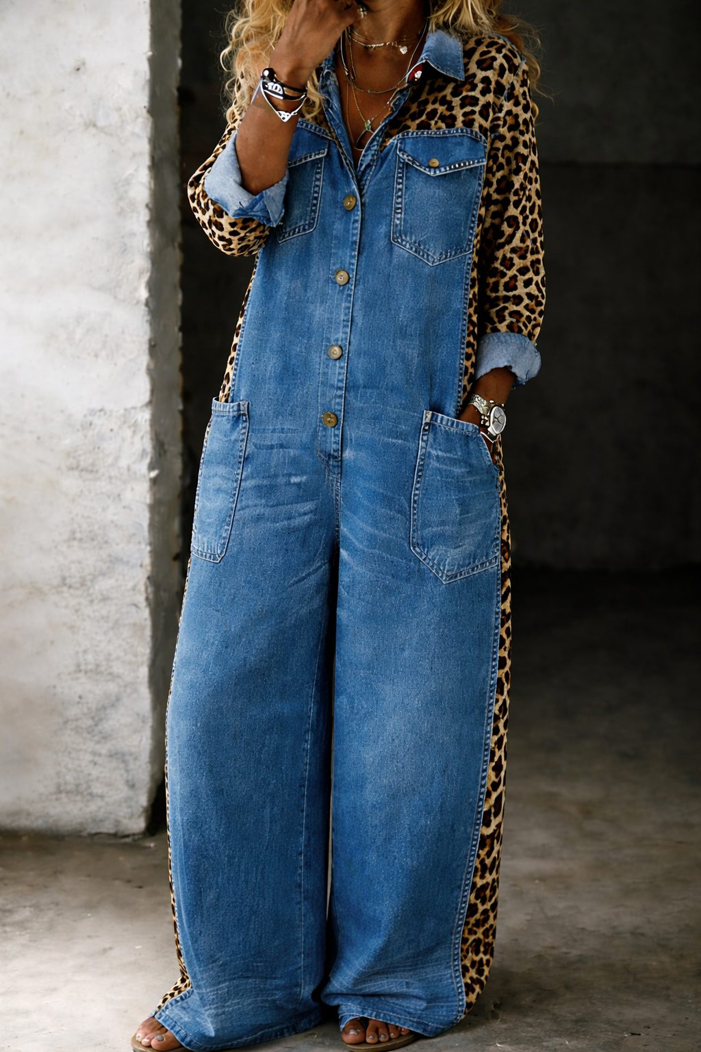 Florentina | Animal Print Denim Jumpsuit with Long Sleeves for Women