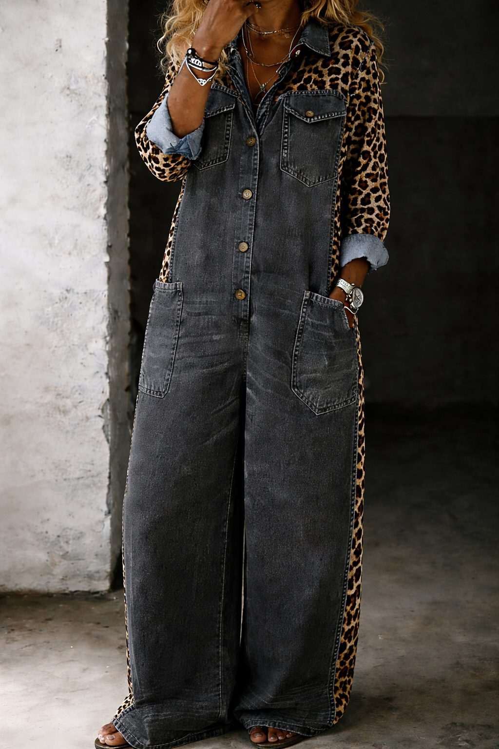 Florentina | Animal Print Denim Jumpsuit with Long Sleeves for Women