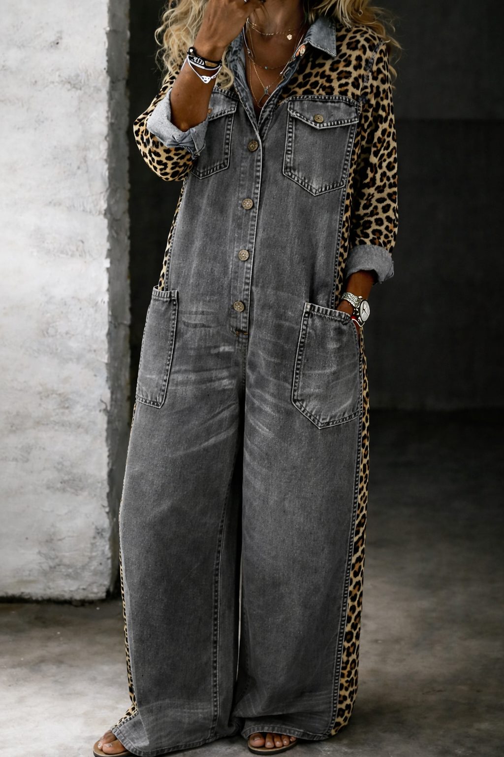 Florentina | Animal Print Denim Jumpsuit with Long Sleeves for Women