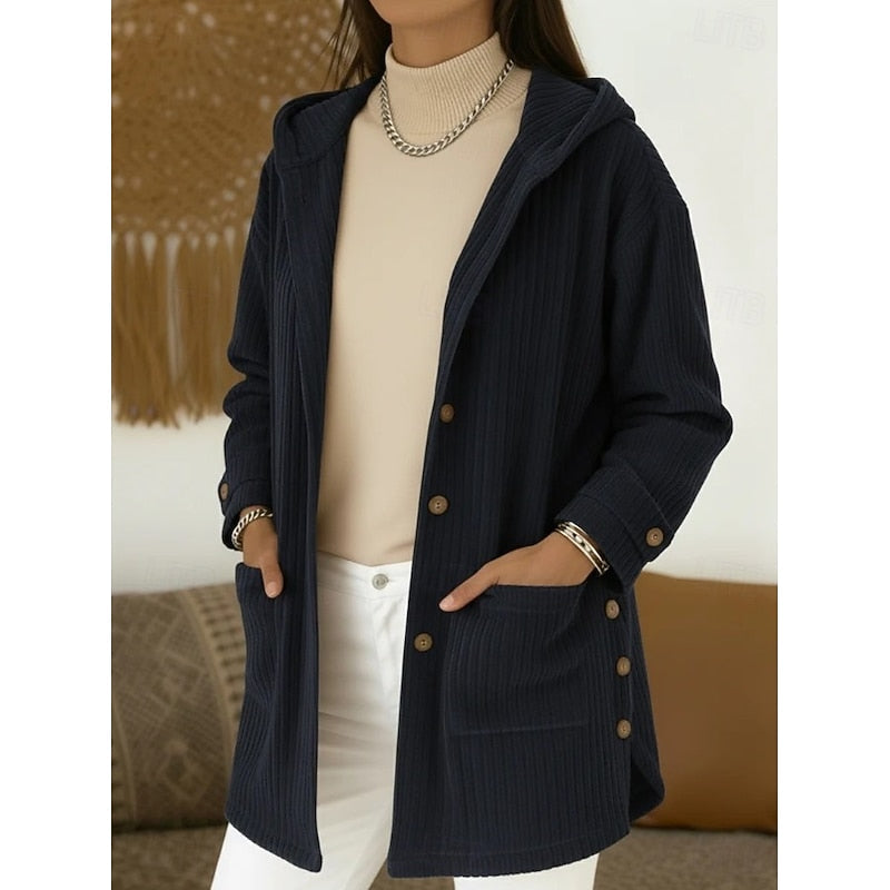 Women's Coat with Down Filling and Hood | Button Front, Pockets | For Winter | Size S-3XL | Coffee, Pink, Navy Blue, Wine Red