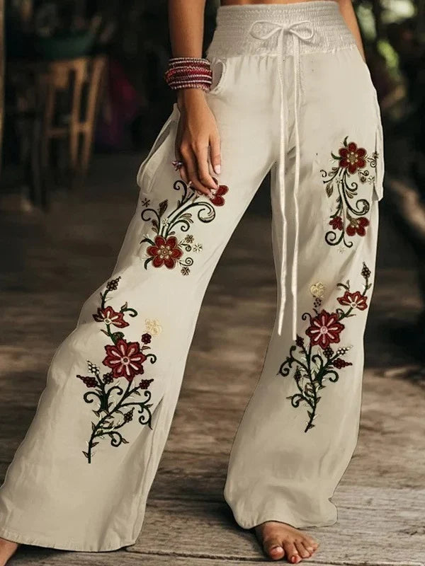 Freya | Women's Baggy Floral Wide Leg Pants with Elasticated Waist