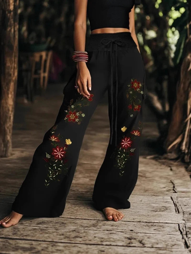 Freya | Women's Baggy Floral Wide Leg Pants with Elasticated Waist