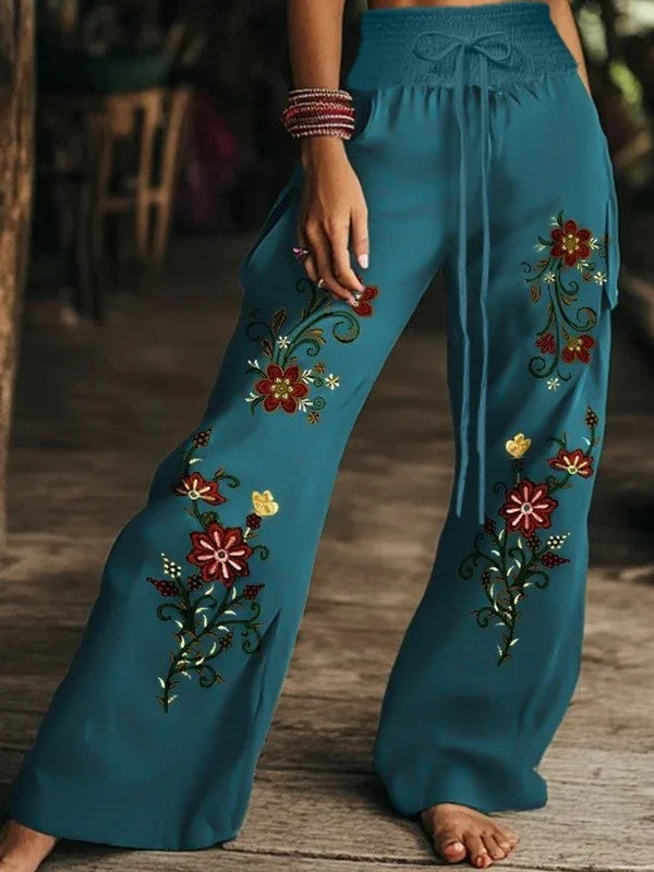 Freya | Women's Baggy Floral Wide Leg Pants with Elasticated Waist