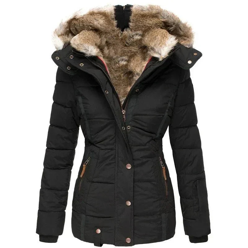 Women's Puffer Jacket with Quilted Panels and Hood | Faux Fur Trim, Fitted Cut, Zip Closure | For Winter | Size S-5XL