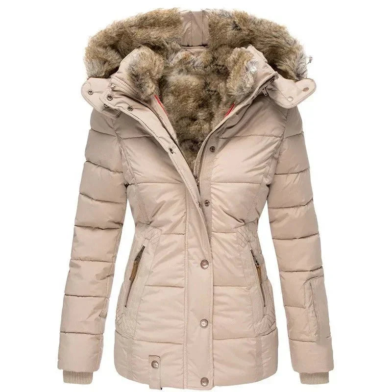 Women's Puffer Jacket with Quilted Panels and Hood | Faux Fur Trim, Fitted Cut, Zip Closure | For Winter | Size S-5XL