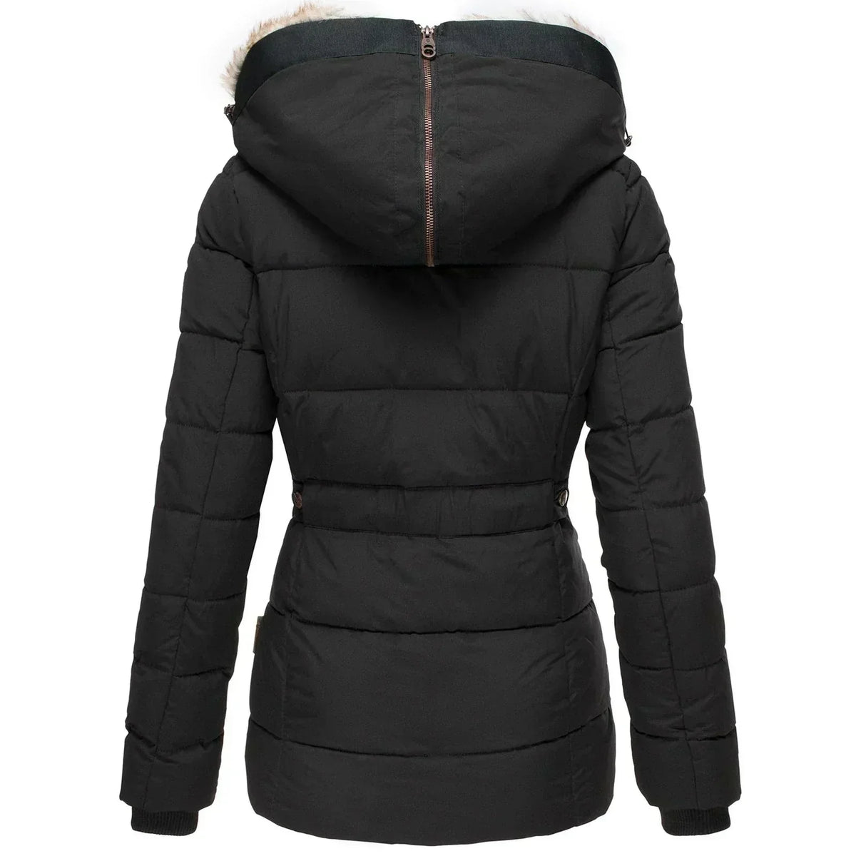 Women's Puffer Jacket with Quilted Panels and Hood | Faux Fur Trim, Fitted Cut, Zip Closure | For Winter | Size S-5XL