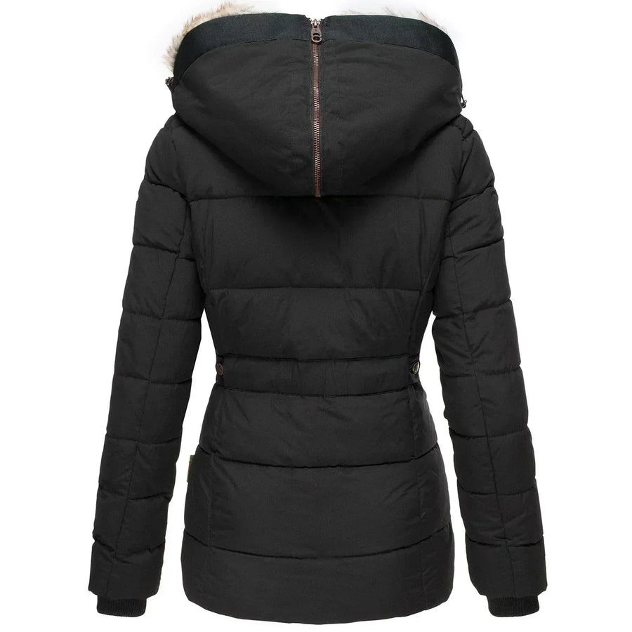 Women's Puffer Jacket with Quilted Panels and Hood