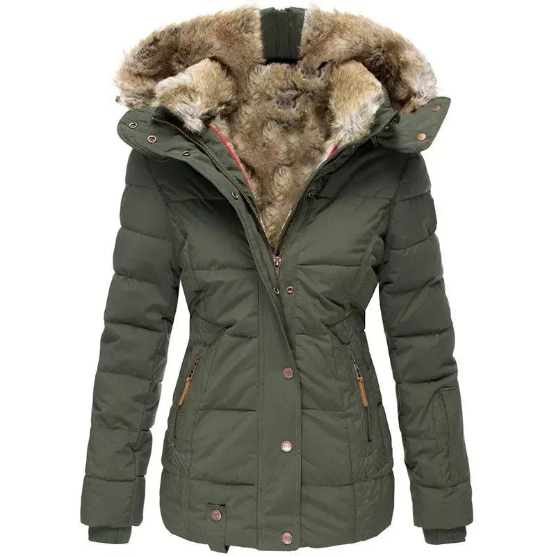 Women's Puffer Jacket with Quilted Panels and Hood | Faux Fur Trim, Fitted Cut, Zip Closure | For Winter | Size S-5XL