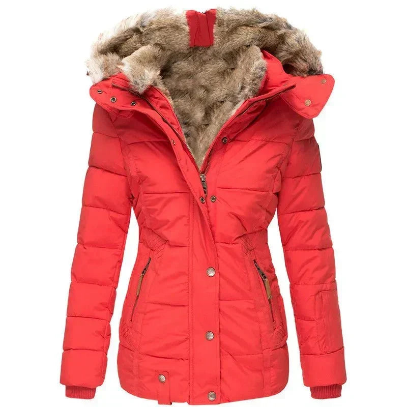 Women's Puffer Jacket with Quilted Panels and Hood | Faux Fur Trim, Fitted Cut, Zip Closure | For Winter | Size S-5XL