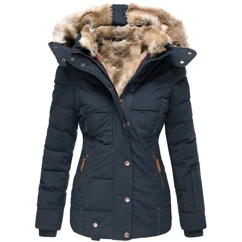 Women's Puffer Jacket with Quilted Panels and Hood | Faux Fur Trim, Fitted Cut, Zip Closure | For Winter | Size S-5XL