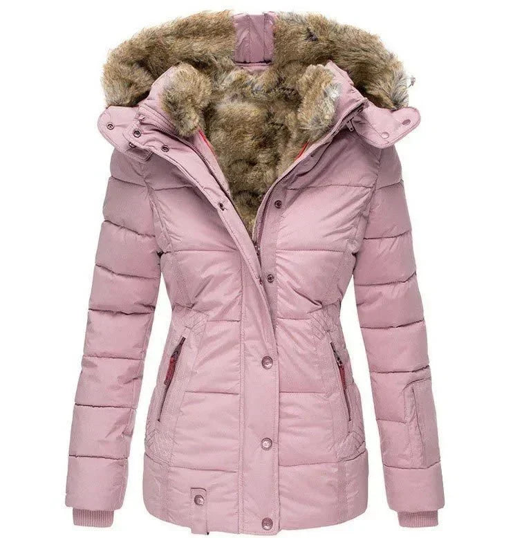 Women's Puffer Jacket with Quilted Panels and Hood | Faux Fur Trim, Fitted Cut, Zip Closure | For Winter | Size S-5XL
