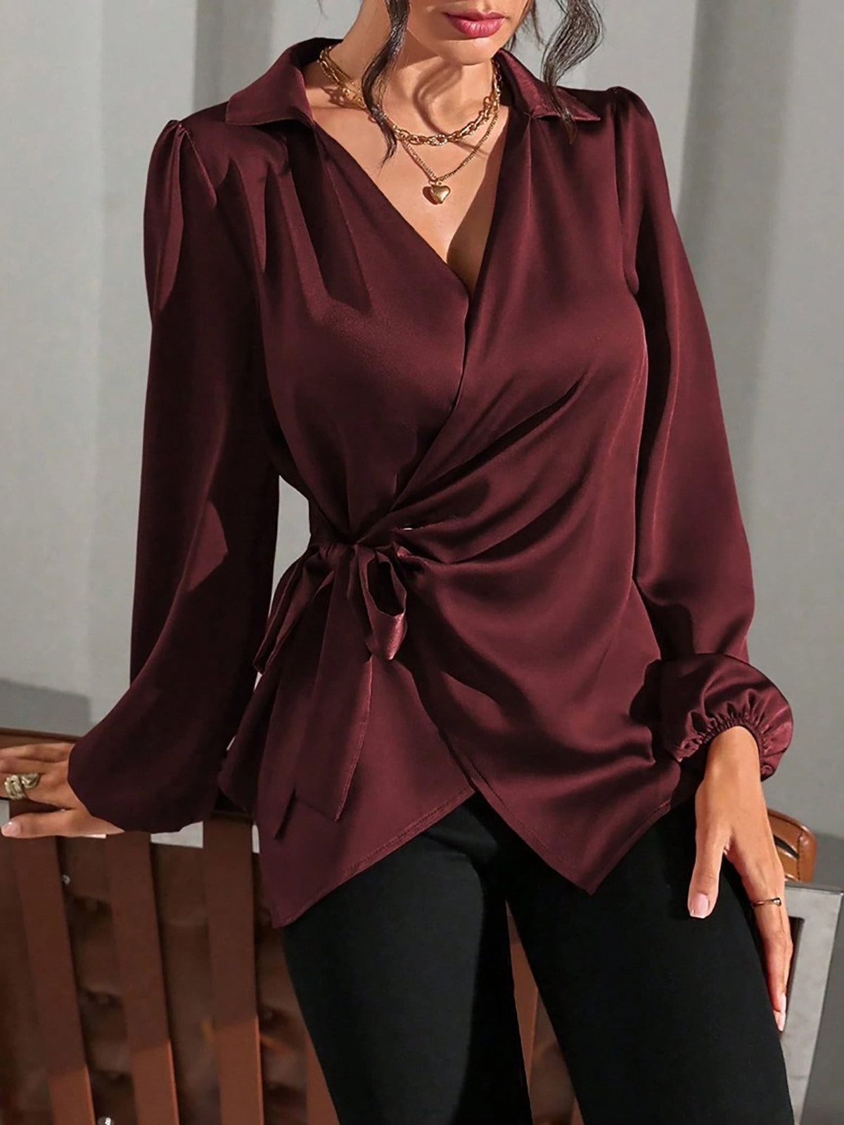 Gaia | Satin Wrap Blouse with Long Sleeves for Women