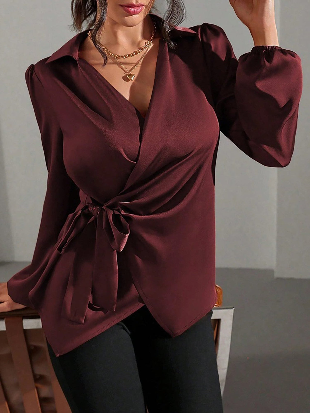 Gaia | Satin Wrap Blouse with Long Sleeves for Women