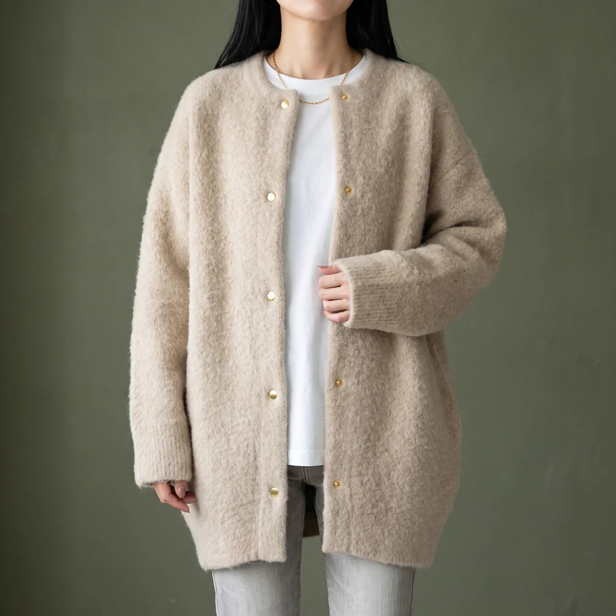 Galatea Brushed Knit Collarless Snap Cardigan Coat
