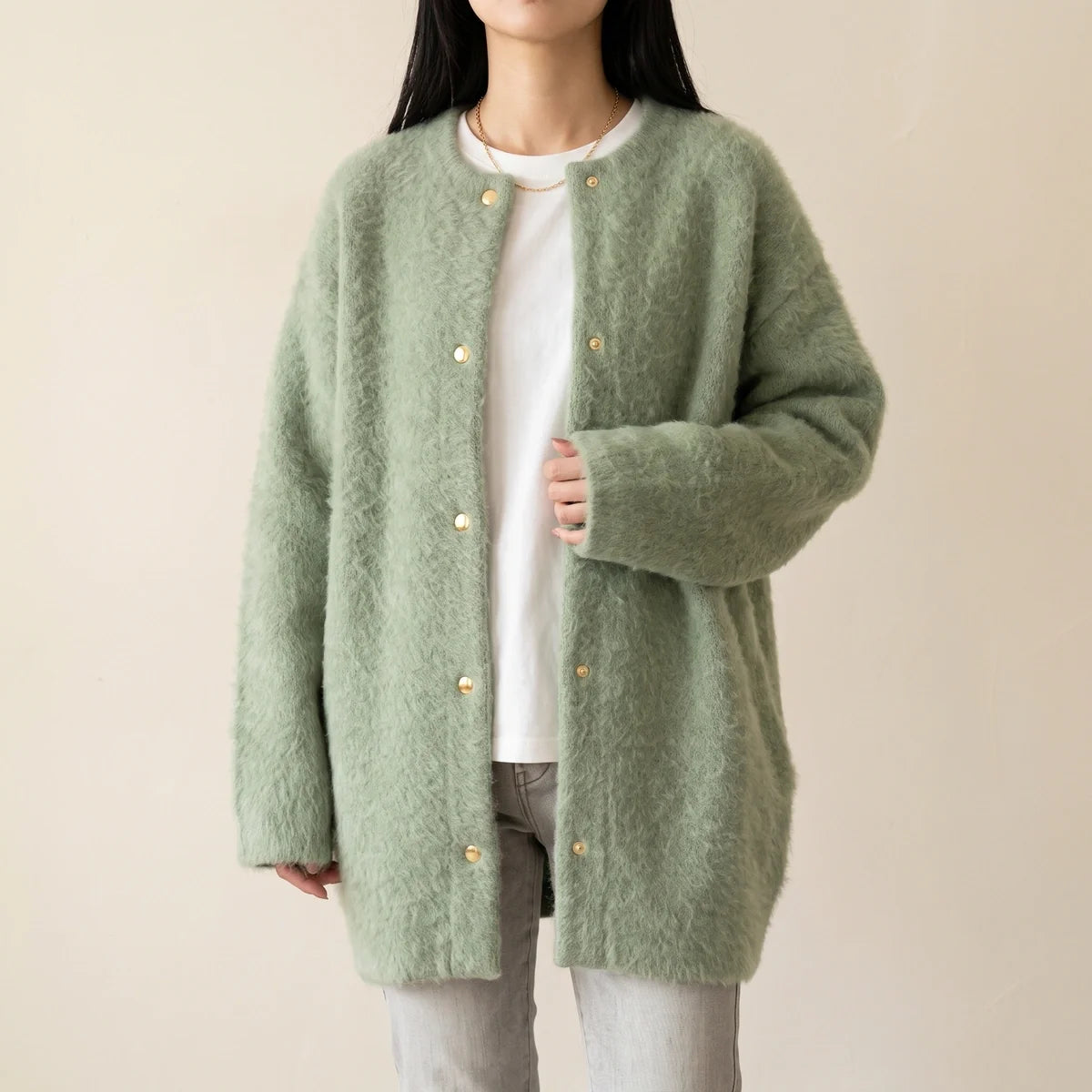 Galatea Brushed Knit Collarless Snap Cardigan Coat