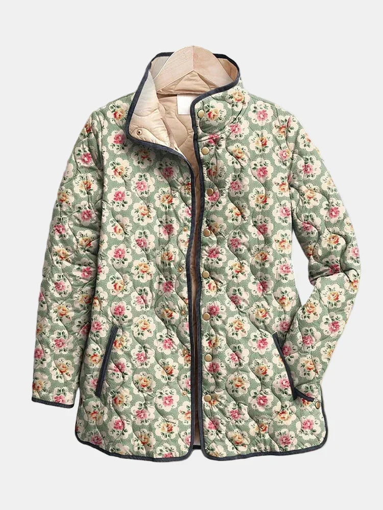 Women's Wrap Front Quilted Jacket with Green Floral Print