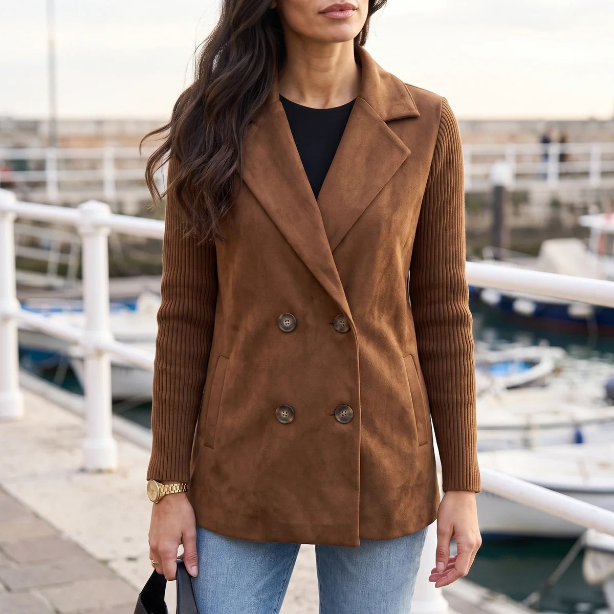 Georgia Knit Sleeve Double Breasted Blazer
